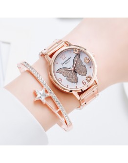 Women Watches Rose Gold Bracelet Set Butterfly Pattern Unique Dial Ladies Bracelet Wrist Watches Dress Diamond Bracelet Clock