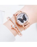 Women Watches Rose Gold Bracelet Set Butterfly Pattern Unique Dial Ladies Bracelet Wrist Watches Dress Diamond Bracelet Clock