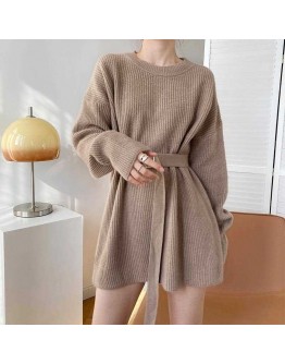 Autumn Winter Long Sweater Women   Clothing Loose Sashes Knitted Pullover Female Crop Tops Jumper Knitwear