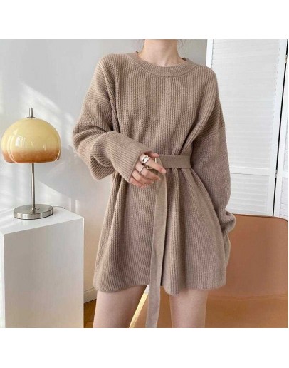 Autumn Winter Long Sweater Women   Clothing Loose Sashes Knitted Pullover Female Crop Tops Jumper Knitwear