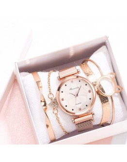  5pcs Set Women Watches  Magnet Buckle Flower Rhinestone Watch Ladies Quartz Wrist Watch Bracelet Set Reloj Mujer