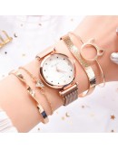  5pcs Set Women Watches  Magnet Buckle Flower Rhinestone Watch Ladies Quartz Wrist Watch Bracelet Set Reloj Mujer