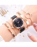  5pcs Set Women Watches  Magnet Buckle Flower Rhinestone Watch Ladies Quartz Wrist Watch Bracelet Set Reloj Mujer