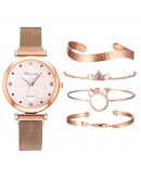  5pcs Set Women Watches  Magnet Buckle Flower Rhinestone Watch Ladies Quartz Wrist Watch Bracelet Set Reloj Mujer