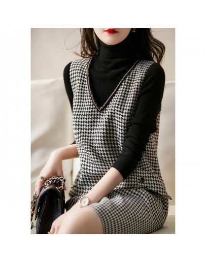 Spring Autumn Bird Lattic Wool Vest Dress Retro Vintage V-Neck Midi Sleeveless Dresses   Houndstooth Vestidos Mujer