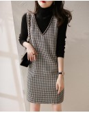 Spring Autumn Bird Lattic Wool Vest Dress Retro Vintage V-Neck Midi Sleeveless Dresses   Houndstooth Vestidos Mujer