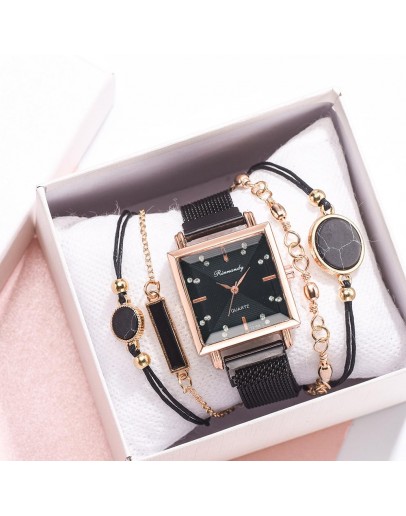  5pcs Women Watch Set Magnet Rhinestone Square Watch Ladies Dress Quartz Wristwatch Bracelet black Clock relogio