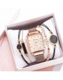  5pcs Women Watch Set Magnet Rhinestone Square Watch Ladies Dress Quartz Wristwatch Bracelet black Clock relogio