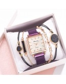  5pcs Women Watch Set Magnet Rhinestone Square Watch Ladies Dress Quartz Wristwatch Bracelet black Clock relogio