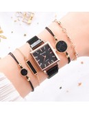  5pcs Women Watch Set Magnet Rhinestone Square Watch Ladies Dress Quartz Wristwatch Bracelet black Clock relogio