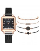  5pcs Women Watch Set Magnet Rhinestone Square Watch Ladies Dress Quartz Wristwatch Bracelet black Clock relogio