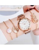  Set Watch Women Magnet Buckle Flower Women Watch Bracelet Rose Gold Rhinestone Dress Ladies Watch Gift Set montre femme