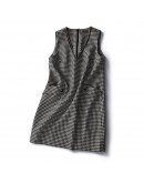 Spring Autumn Bird Lattic Wool Vest Dress Retro Vintage V-Neck Midi Sleeveless Dresses   Houndstooth Vestidos Mujer