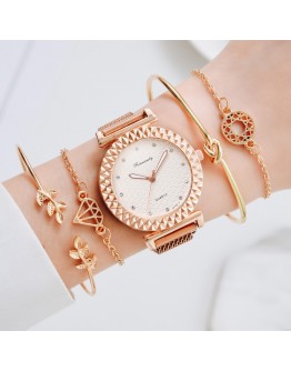  5pcs Set Bracelet Watches Women Magnet Buckle Diamond Elegant Ladies Quartz Wrist Watch Dress Rose Gold Clock Reloj Mujer