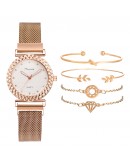  5pcs Set Bracelet Watches Women Magnet Buckle Diamond Elegant Ladies Quartz Wrist Watch Dress Rose Gold Clock Reloj Mujer