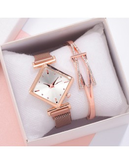 2pcs/set Women Watches Bracelet Set Square Dial Rose Gold Magnet Watch Dress Ladies Bracelet Wrist Watches  Quartz Clock