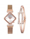 2pcs/set Women Watches Bracelet Set Square Dial Rose Gold Magnet Watch Dress Ladies Bracelet Wrist Watches  Quartz Clock