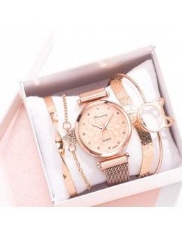 5pcs Set  Women Watch Magnetic Rhinestone Lucky Flower Female Clock Quartz Wristwatch Ladies Wrist Watch Relogio Feminino