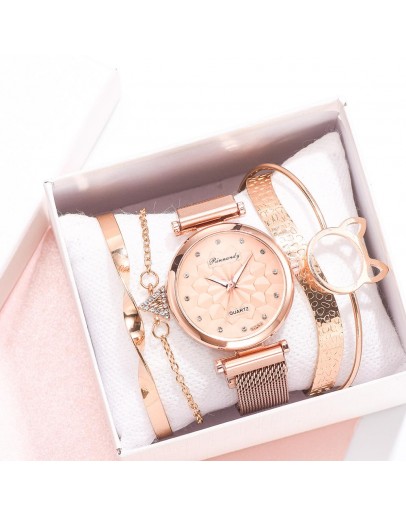 5pcs Set  Women Watch Magnetic Rhinestone Lucky Flower Female Clock Quartz Wristwatch Ladies Wrist Watch Relogio Feminino