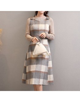 Autumn Plaid Woolen Dress for Women  Spring Sleeveless Vest Dresses Casual Midi Vestidos Mujer