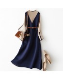 Autumn Winter Knitted Dress Women Elegant Hit Color Long Sweater Dresses with Belt  Style Elegant Vestidos Mujer