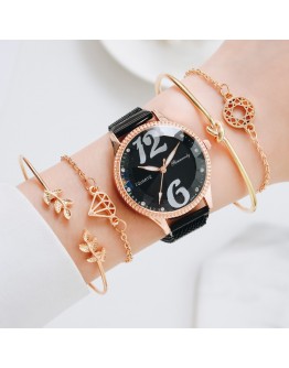  Watch For Women 5pcs Set Magnet Arabic Numerals Unique Dial Ladies Watches Bracelet Set Female Black Clock Dropshipping