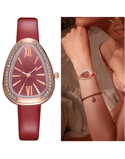 Watches Women Red Leather Strap Ladies Sport Watch Snake Rhinestone Creative Dial Triangle   Dress Quartz Watch