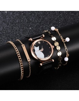  5pcs Set Watches For Women  Magnet Cat Pattern Watch Women Quartz Wristwatch Ladies Bracelet Watch Dropshipping