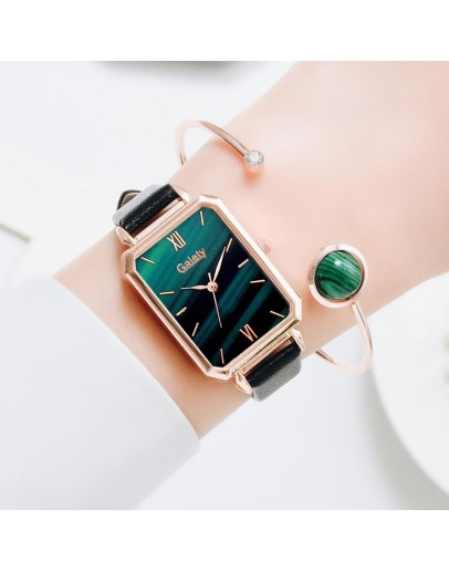 Gaiety   Women Watches Bracelet Set Green Dial  Leather Quartz Watches Simple Black Ladies Watch reloj mujer