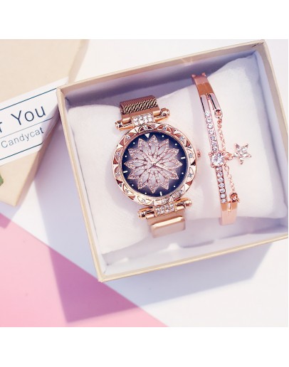  Women Mesh Magnet Buckle Lucky Flower Watch  Ladies Rhinestone Quartz Watch Bracelet set woman Relogio Feminino