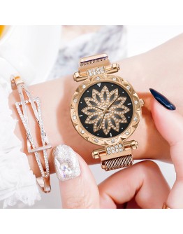 Top  Women Mesh Magnet Buckle Lucky Flower Watch  Ladies Geometric Surface Rhinestone Quartz Watch Relogio Feminino