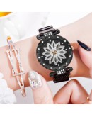 Top  Women Mesh Magnet Buckle Lucky Flower Watch  Ladies Geometric Surface Rhinestone Quartz Watch Relogio Feminino