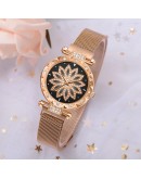 Top  Women Mesh Magnet Buckle Lucky Flower Watch  Ladies Geometric Surface Rhinestone Quartz Watch Relogio Feminino