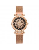 Top  Women Mesh Magnet Buckle Lucky Flower Watch  Ladies Geometric Surface Rhinestone Quartz Watch Relogio Feminino