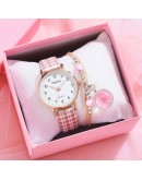 2pcs Set Watch Women  Casual  Plaid Leather Bracelet Watches Set Simple Ladies' Small Dial Girls Quartz Clock Reloj Mujer