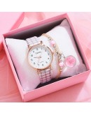 2pcs Set Watch Women  Casual  Plaid Leather Bracelet Watches Set Simple Ladies' Small Dial Girls Quartz Clock Reloj Mujer