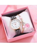 2pcs Set Watch Women  Casual  Plaid Leather Bracelet Watches Set Simple Ladies' Small Dial Girls Quartz Clock Reloj Mujer