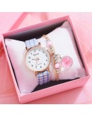 2pcs Set Watch Women  Casual  Plaid Leather Bracelet Watches Set Simple Ladies' Small Dial Girls Quartz Clock Reloj Mujer