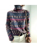 Autumn winter Retro jacquard turtleneck sweater women pullover   loose casual thick floral sweater knitted jumper