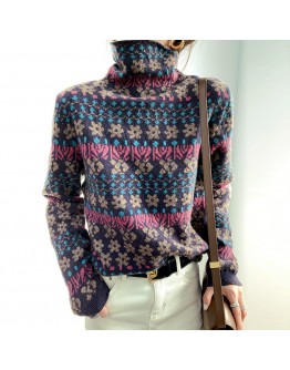 Autumn winter Retro jacquard turtleneck sweater women pullover   loose casual thick floral sweater knitted jumper