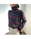 Autumn winter Retro jacquard turtleneck sweater women pullover   loose casual thick floral sweater knitted jumper