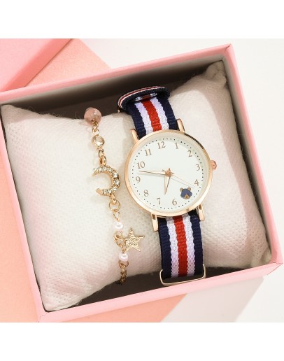 Watch For Girl Students Canvas Band Bear Pattern Casual Women Watches Simple Sport Hours  Ladies Wristwatch Quartz Clock