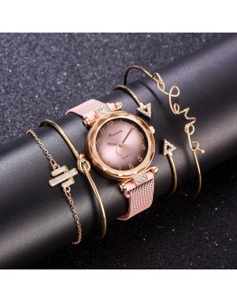 5pc/set   Women Watches Gradient Magnet Watch Buckle  Casual Female Wristwatch Arabic Numeral Simple Bracelet