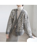 Jacquard Cardigan Sweater for Women Fall Winter Vintage Print Knitted Cardigan Jumper Loose Lazzy Oaf Cropped Top Coat