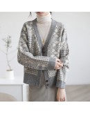 Jacquard Cardigan Sweater for Women Fall Winter Vintage Print Knitted Cardigan Jumper Loose Lazzy Oaf Cropped Top Coat