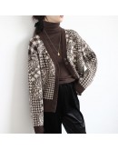 Jacquard Cardigan Sweater for Women Fall Winter Vintage Print Knitted Cardigan Jumper Loose Lazzy Oaf Cropped Top Coat