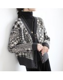 Jacquard Cardigan Sweater for Women Fall Winter Vintage Print Knitted Cardigan Jumper Loose Lazzy Oaf Cropped Top Coat