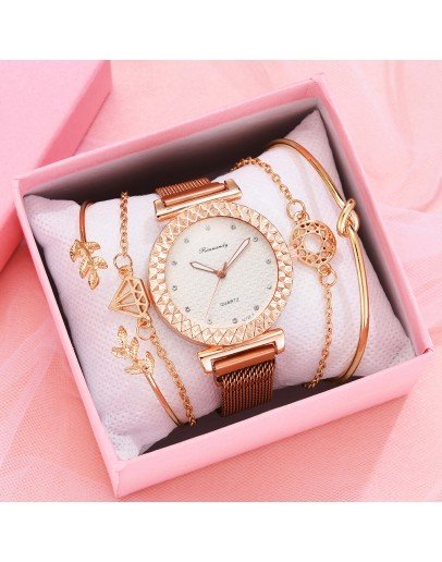 5pcs Set Women Watches Bracelet Set Rose Gold Diamond Ladies Wrist Watches Simple Quartz Wristwatch Clock Gifts Relogio Feminino