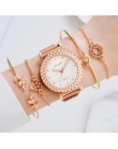 5pcs Set Women Watches Bracelet Set Rose Gold Diamond Ladies Wrist Watches Simple Quartz Wristwatch Clock Gifts Relogio Feminino