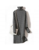  Autumn Winter Temperament Pile Collar Houndstooth Dress Women Straight Thick Warm Mid-length Knitted Bottom Sweater Dress